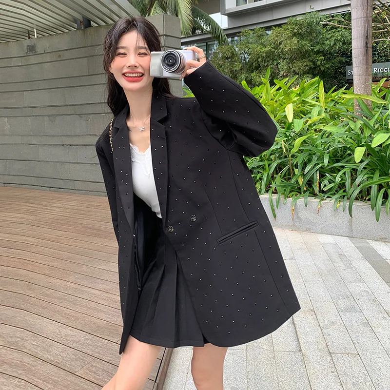 

SuperAen Black Diamond Suit Overcoat Women's Spring Autumn 2024 New Style Loose Casual Silhouette Blazer