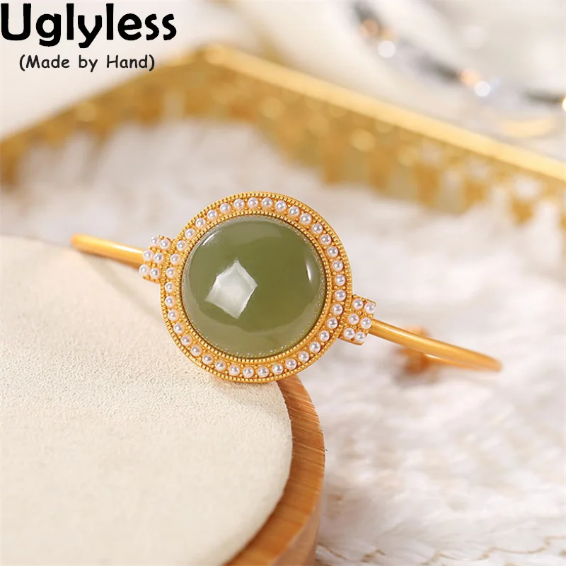 

Uglyless Super MINI Pearls Bangles for Women Natural Hotan Jade Ethnic Gemstones Jewelry Gold Thin 925 Silver Bangles Nephrite