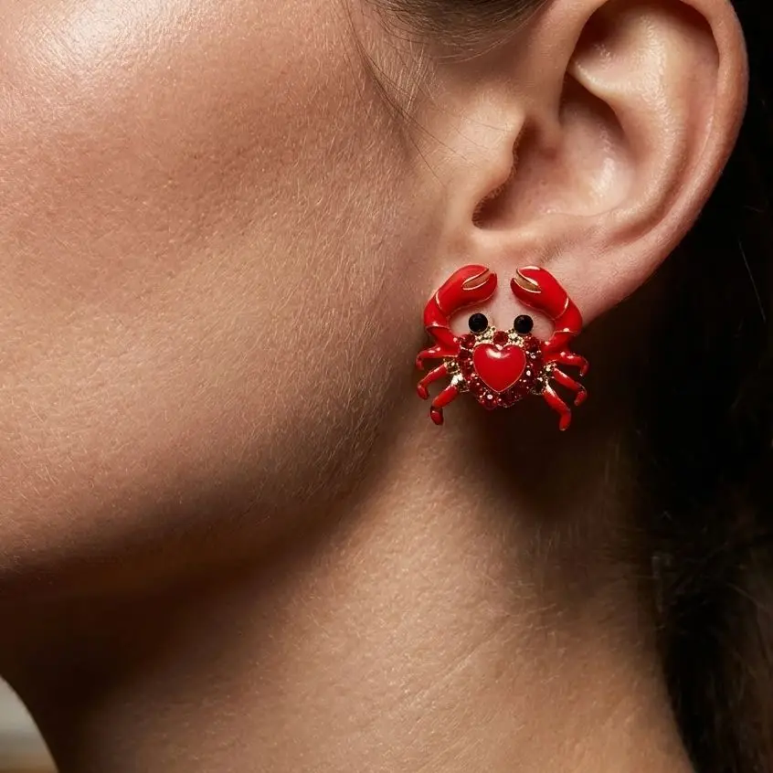 Fashion Red Love Heart Crab Stud Earrings for Women Light Luxury Rhinestone Animal Earrings Charm Jewelry Accessories Gifts