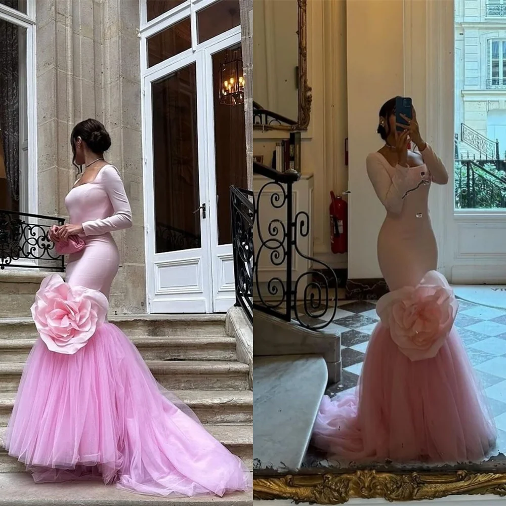 

Customized Exquisite pink Jersey Evening Dress Classic Square Collar Long Sleeves Flowers Mermaid Chapel Train Celebrity Gowns
