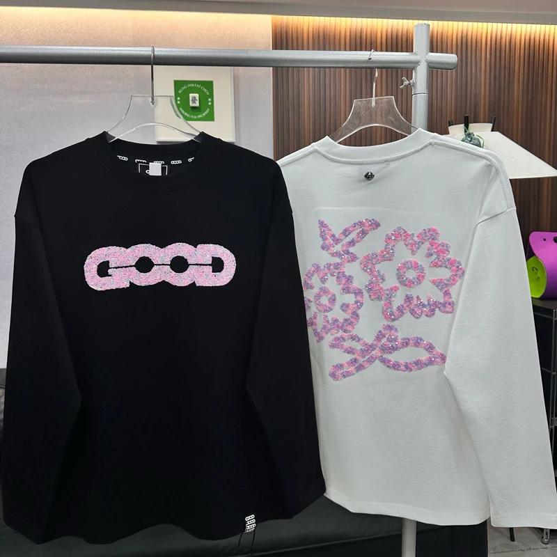 Men Women Fashion Street GOODBRAND Long Sleeve Tshirt Pink Glitter Letter Logo Flower Pattern Black White Round Neck Sweatshirt