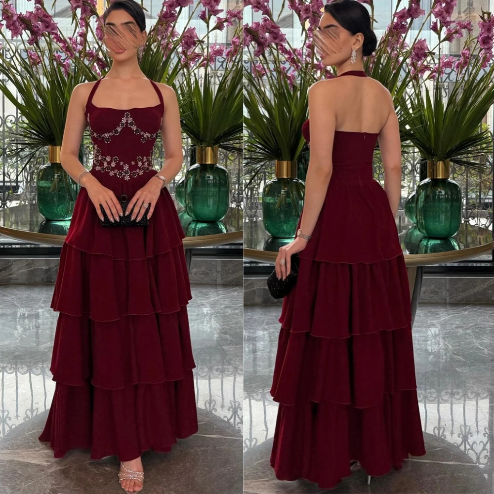 

Customized Elegant Jersey Halter Evening Dress Exquisite Sleeveless Prom Dresses Sexy Tiered Appliques Special Occasion Gowns