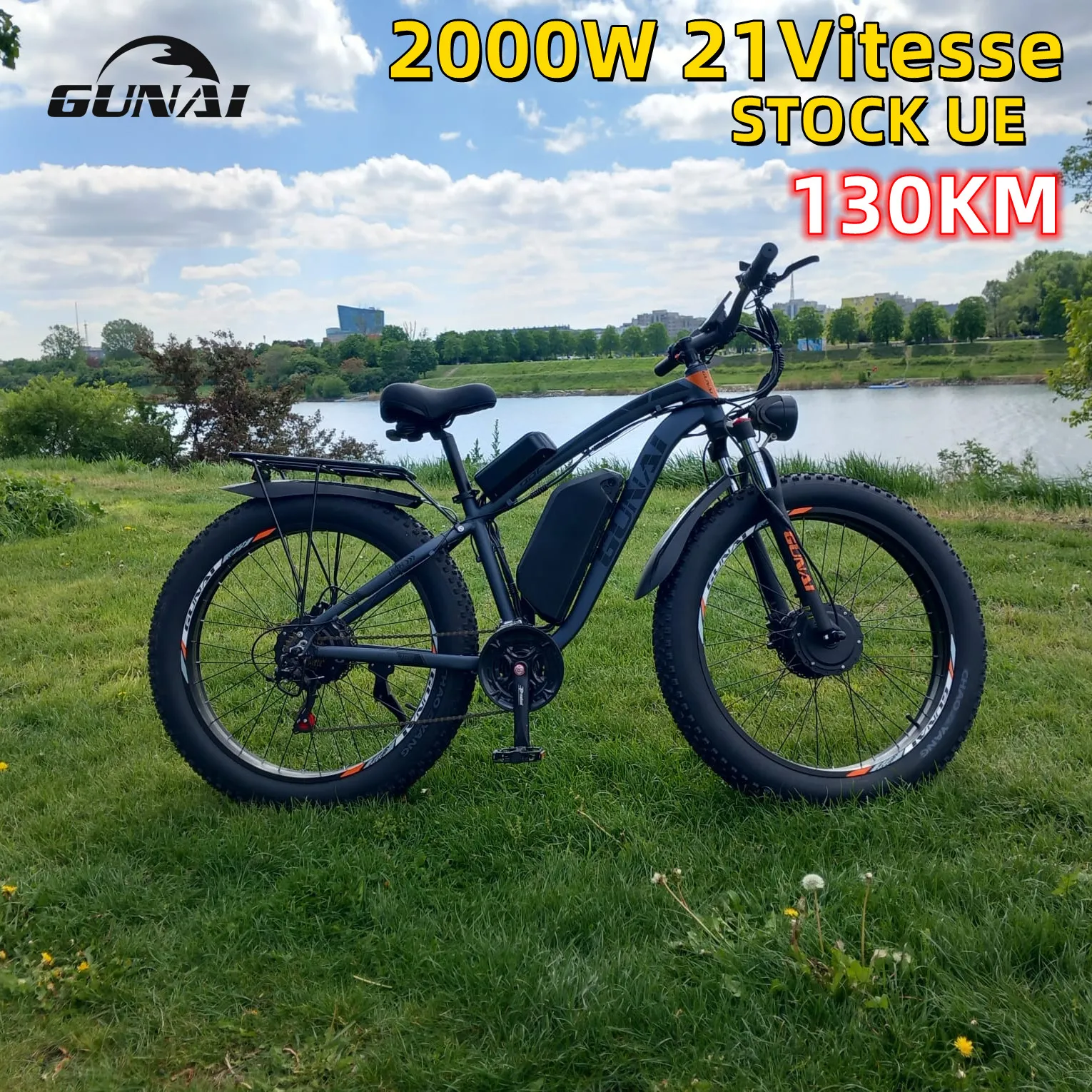 GUNAI 2000W Electric Bicycles Dual Motor 26Inch Fat Tire Electric Ebike 55km/h 21 Speed 130KM Mileage for Adults Women Men Bike