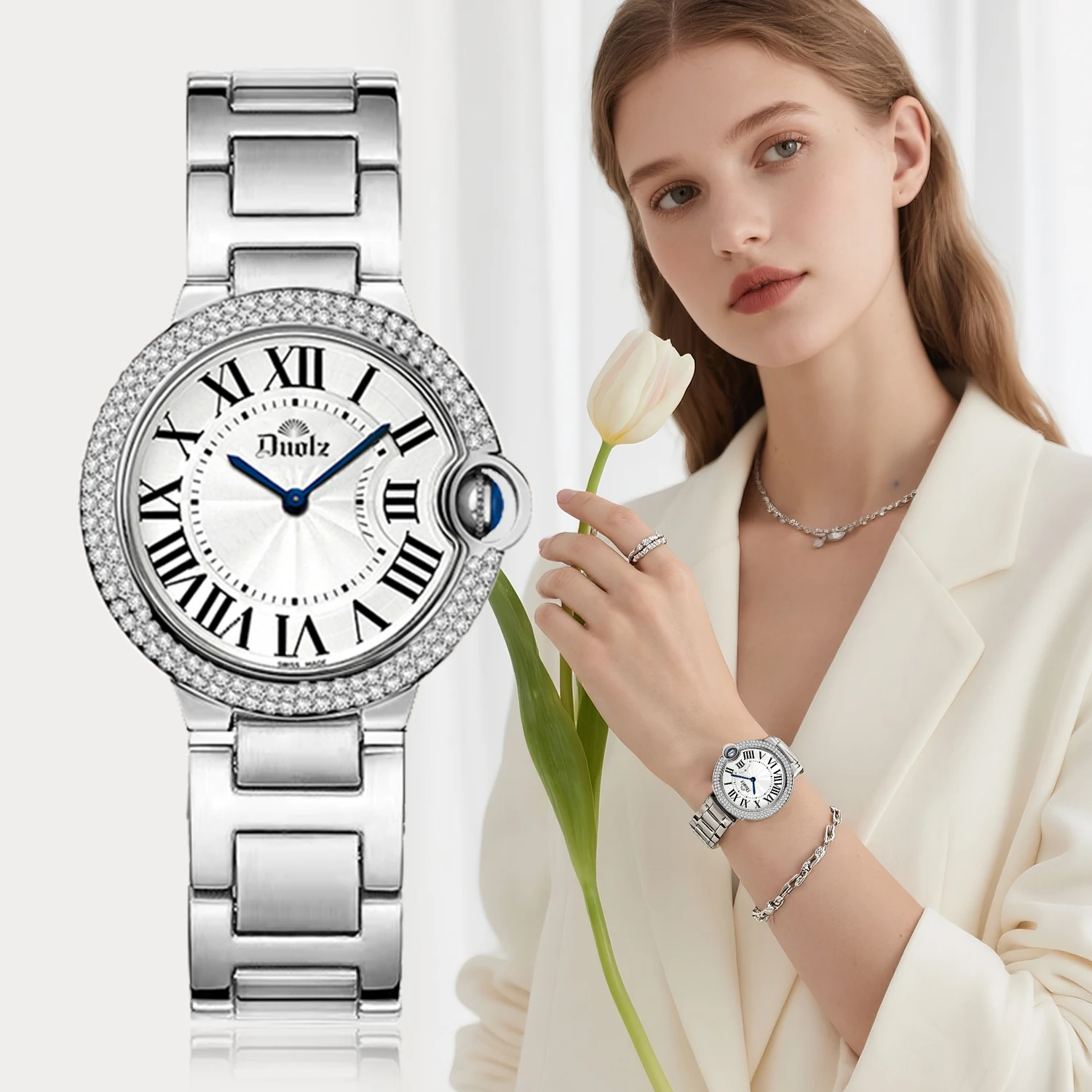 

Повседневные и модные часы для пар с римским ремешком из нержавеющей стали, круглые водонепроницаемые кварцевые женские часы, подарок для влюбленных