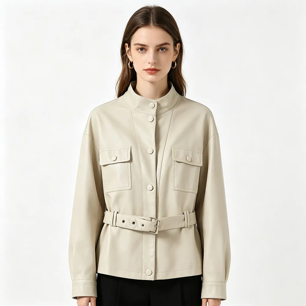 New Women Split Leather Trench Coat Spring Autumn Fashion Stand Collar Single Breasted Slim waist with Belt Leather Jacket