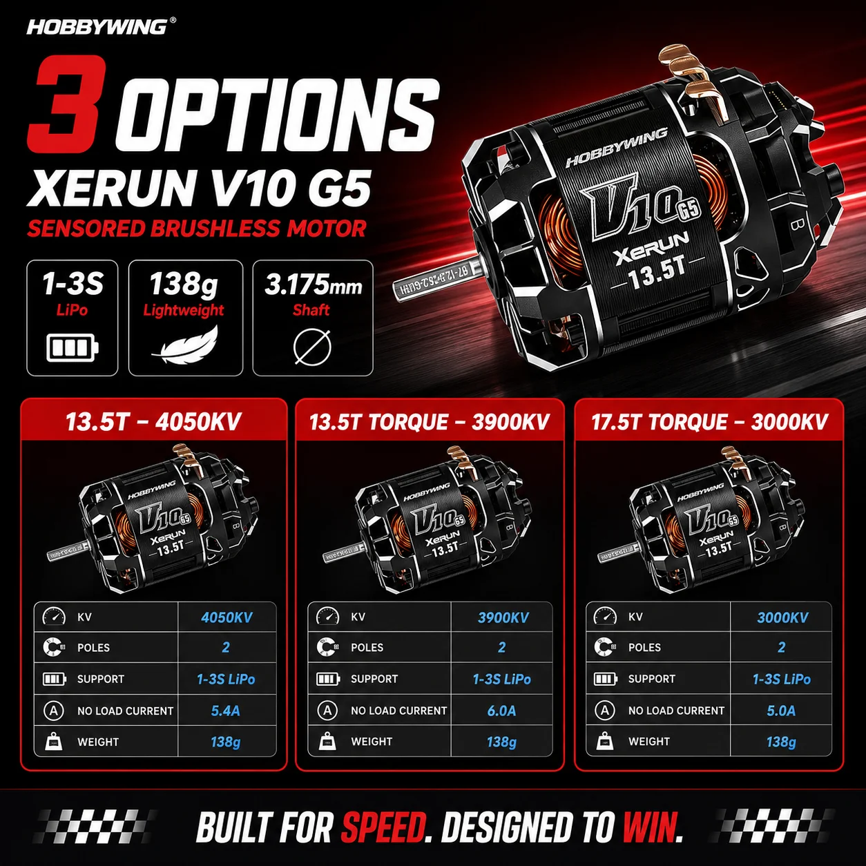 HOBBYWING XERUN V10 G5 Sensored Brushless Motor 13.5T 17.5T Torque 4050KV 3900KV 3000KV 1-3S Li-Po for 1/10 1/12 RC Touring Cars