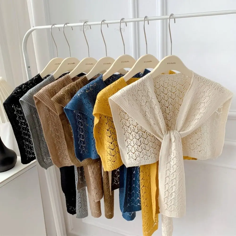 Warm Solid Color Knitted Shawl Knotted Hollow Out Neck Guard Blouse Korean Style Fake Collar Cape Scarf Accessories