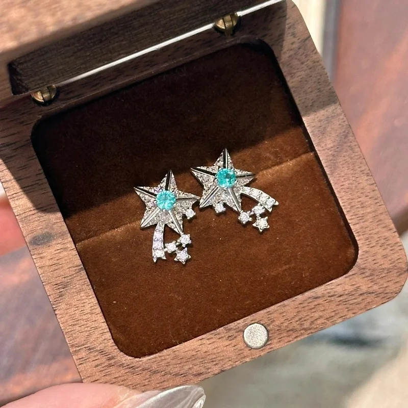 

Изысканные серьги Paraiba с бриллиантами и метеоритными синими серьгами для женщин, легкие роскошные уникальные серьги-гвоздики со звездами, серебро 925, ювелирные изделия, подарок