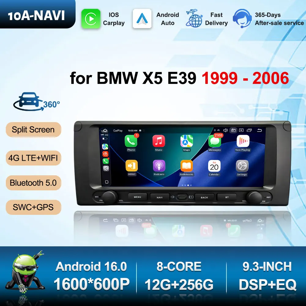 9.3 inch Android 16 DSP Stereo Car Audio Multimedia Player Head Unit For BMW X5 E39 1999 - 2006 Carplay IPS Screen WiFi No 2 din
