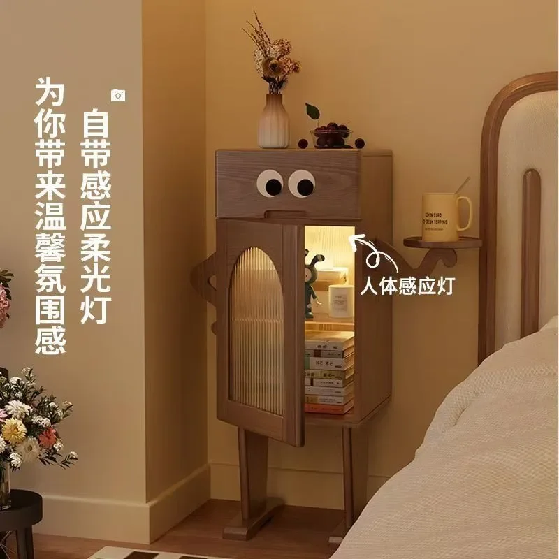 The product can be customized. Solid wood bedside table storage bedroom, robot with light