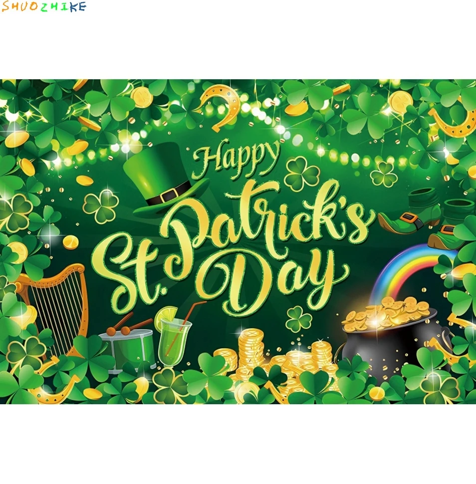 Tło fotograficzne na Dzień Świętego Patryka Szczęście Zielone Liście Złoto Dziecko Urodziny Dekoracja Baner Rekwizyt do Studia Fotograficznego