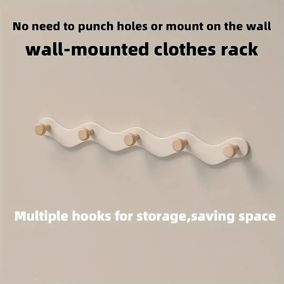 1pc Perforated Wall Mounted Hook Rack Space Saving Durable Wooden Wave Shaped Storage Rack Suitable For Clothes Towels And Keys