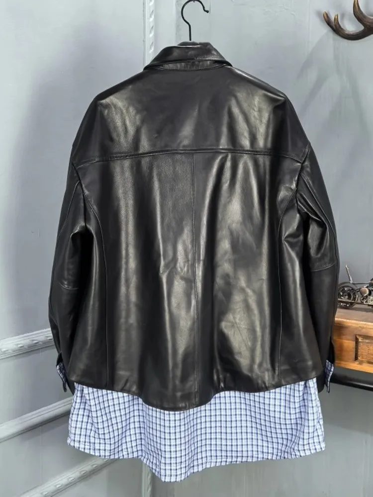 ファッション女性ルーズフィットチェック柄スプライシングシープスキン本革ジャケットボーイフレンドスタイルシングルブレストミッドロングコートストリート