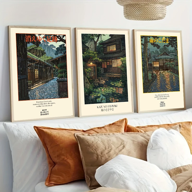 3PCS Frameless,3pcs/set Japanese Garden Pond Art Oriental Landscape Canvas Poster Wind Whisper Rain Street Temple Wall Art Print