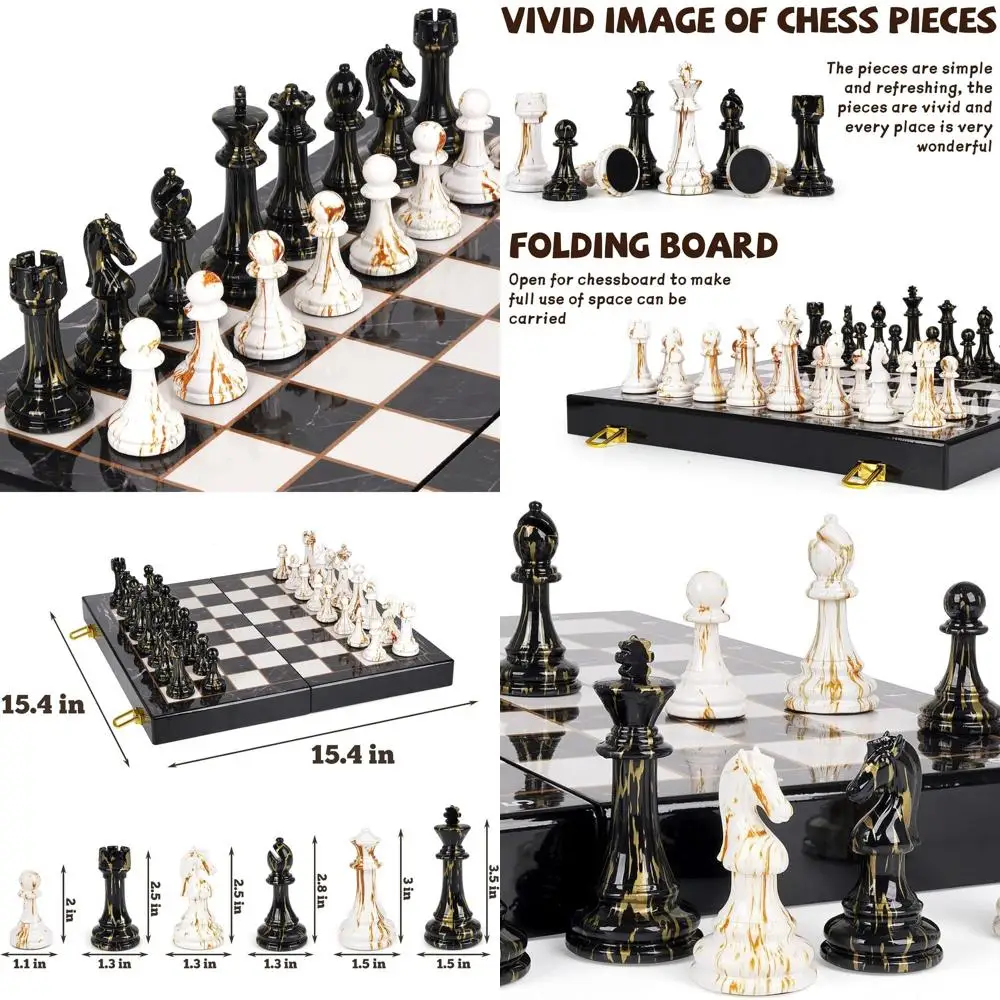 

Portable 15 Acrylic Chess Set with 3.5 King for Adults - Folding Marble Chessboard, Travel-Friendly Family Game