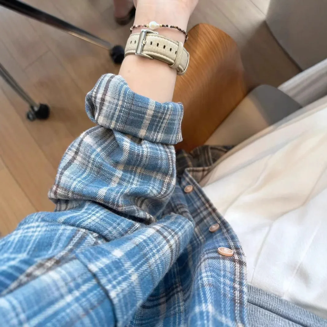 Women's Blue Plaid Cotton Long Sleeve Shirt Jacket Spring Autumn Elegant Turn Down Collar Check Shirt Retro Female Blouse