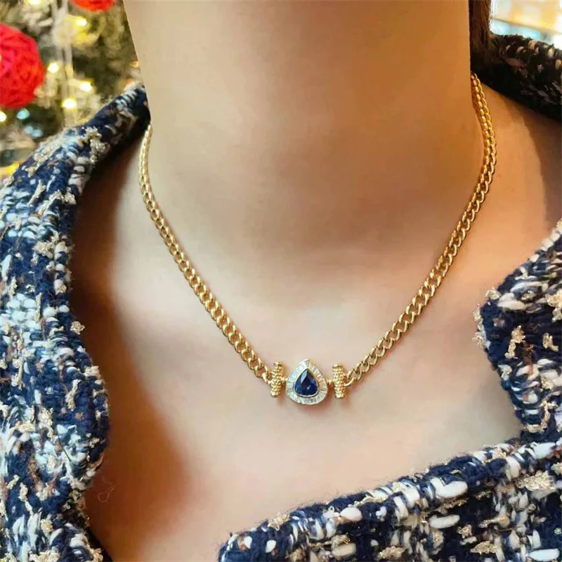 New in water droplet blue gemstone Cuban link chain retro high-end necklace for women light luxury collar chains banquet jewelry
