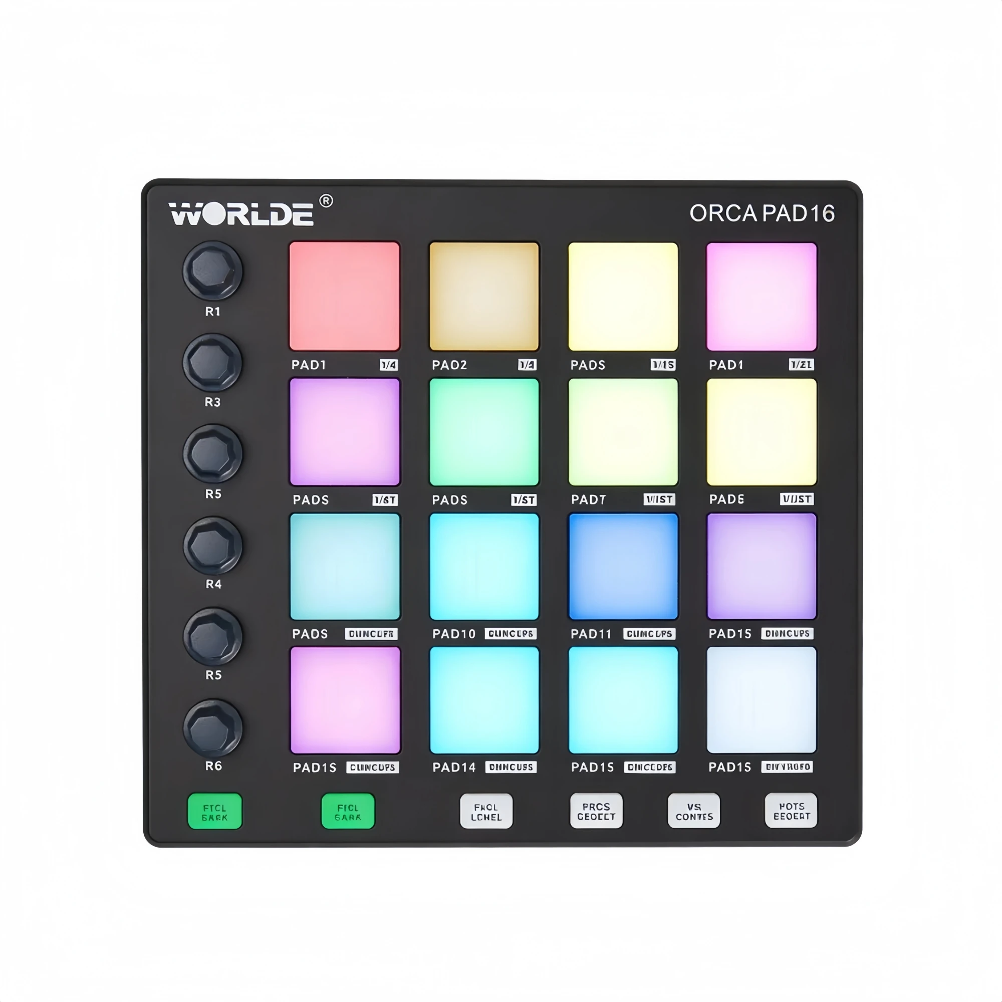 WORLDE ORCA PAD16 MIDI Controller Beat Maker Machine 6 Assignable Knobs Note Repeat Full Level Buttons for Music Production