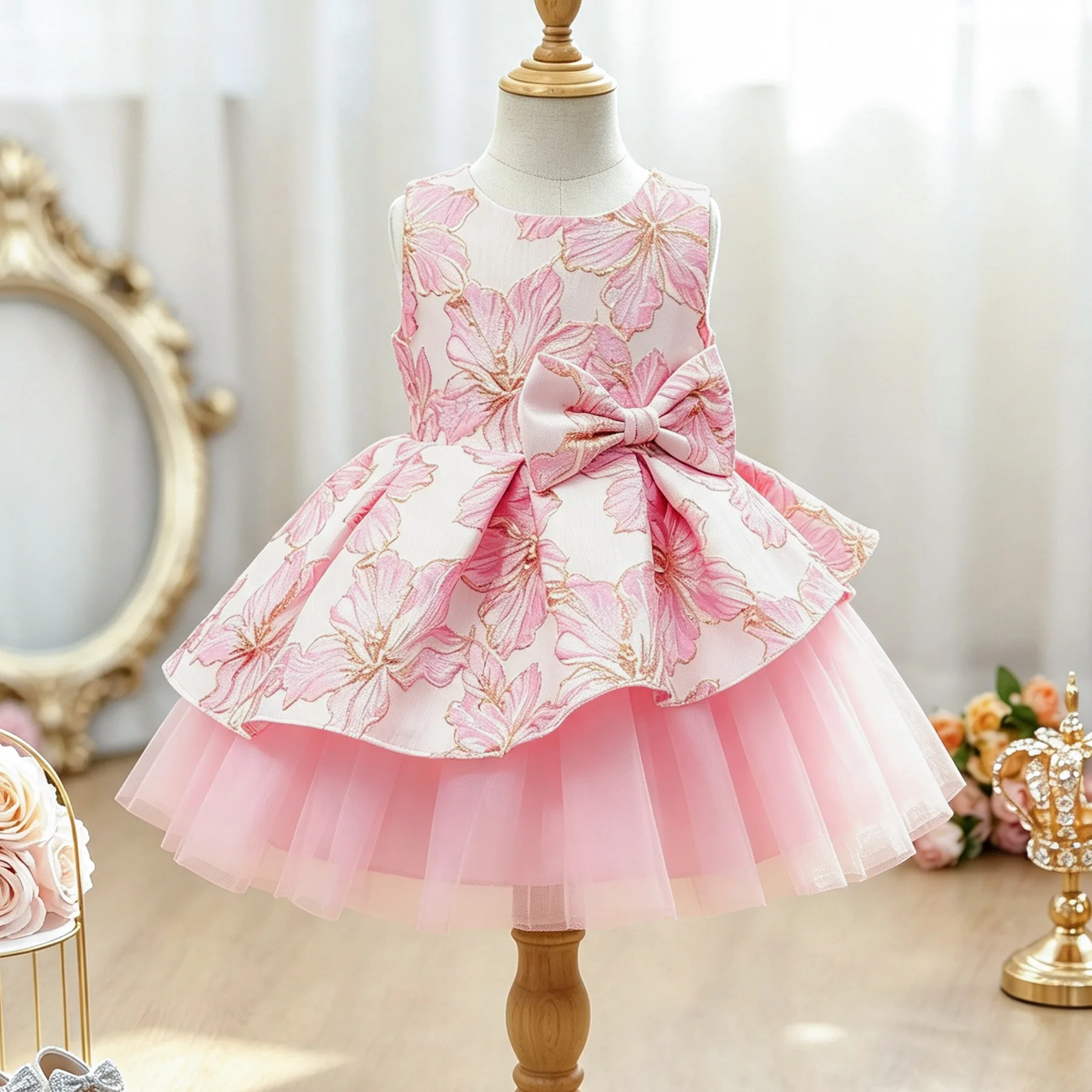 Children Girls' Party Dresses Girl Flower Princess Dress Pink Clothes Tiered