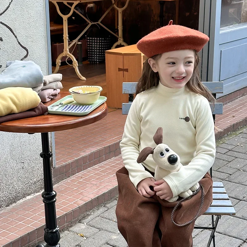 

Children Clothes Girls Fashion Casual Comfortable Thickened Undershirt 2025 Winter New Girls Solid Color Simple Warm Top