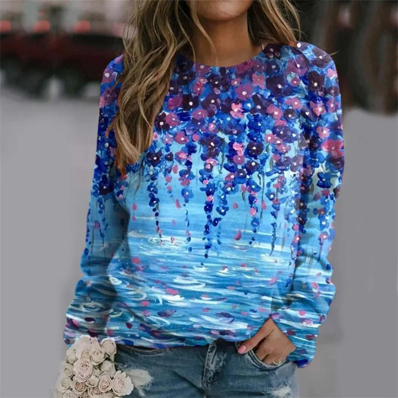 Harajuku New 3D Printing Colorful Flowers Sweatshirts Women Fashion Streetwear Pullovers Winter Girls Floral Graphic Clothes Top