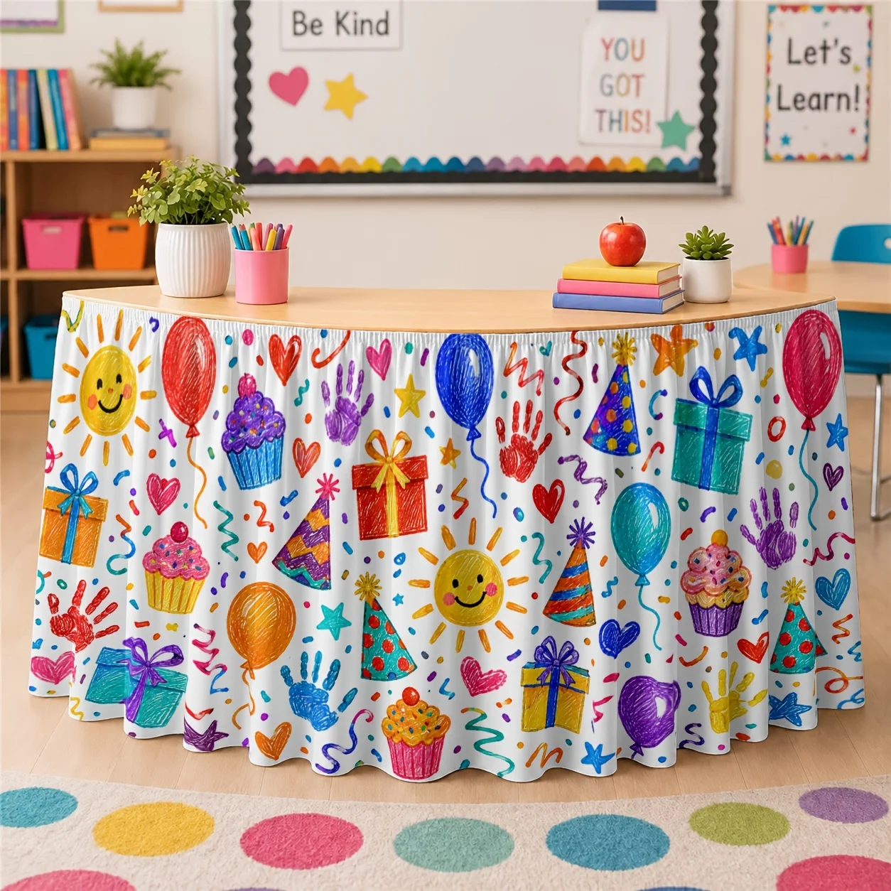 Colorful celebration patterns, smiling face sun balloons, gift boxes, cupcakes, party hats