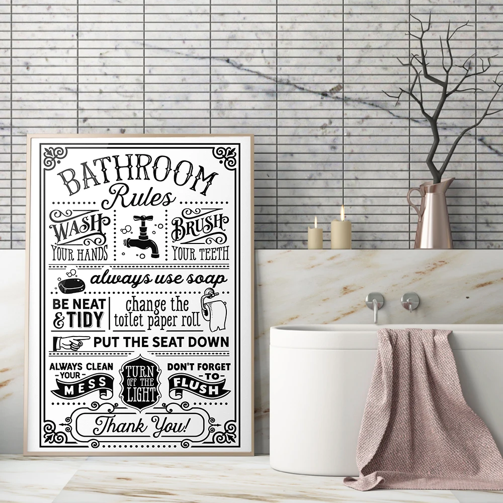 Śmieszne Znaki Zasad Łazienki Plakat Na Płótnie Szukaj Słów Wall Art Cytat Malarstwo Najlepszy Toliet Print Nowoczesny Humor Obraz Home Decor