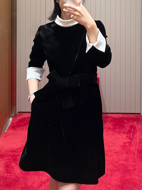 

Элегантное черное бархатное платье в стиле Хепберн с завязками на талии, длинным рукавом и круглым вырезом для женщин, весна-лето