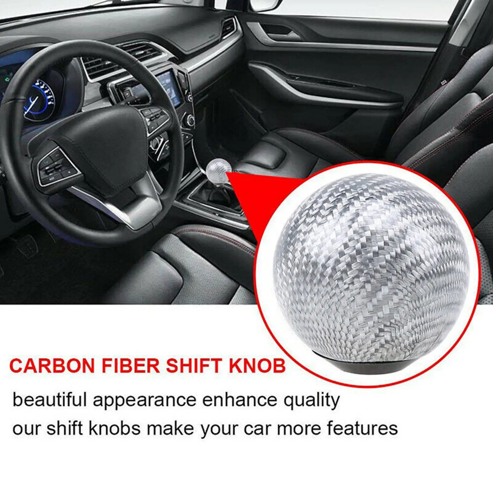 Real Carbon Fiber Silver Ball Universal Racing Car Ball Shape Gear Shift Knob Head Shifter Lever Round with Adapter