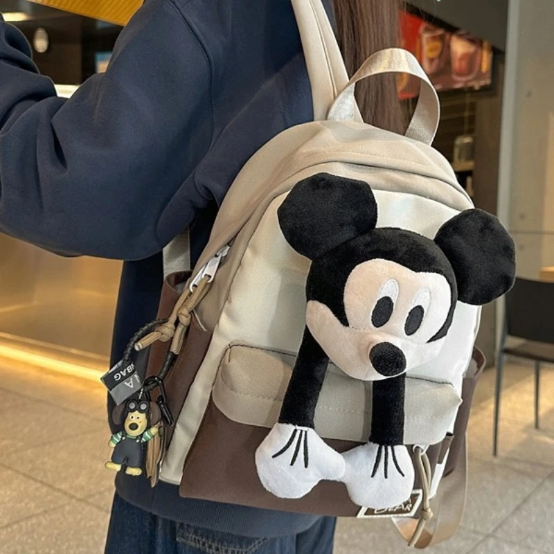 

Disney Mickey Mouse Backpack, 5-Color Casual Canvas School Bag with 3D Plush Mickey Charm, Lightweight Daypack