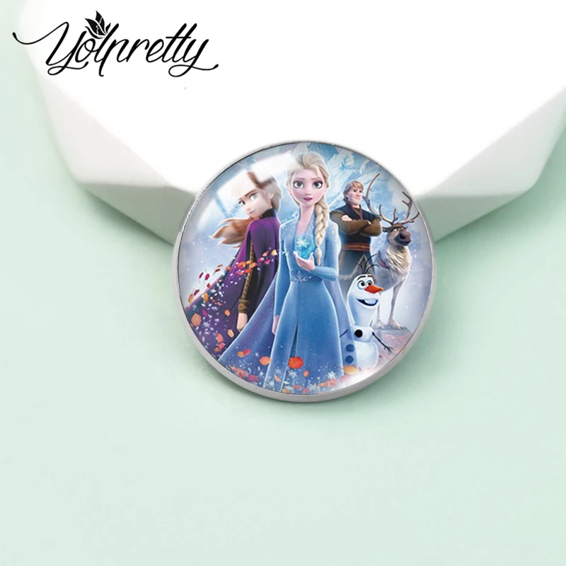 2024 New Arrival Fashion Elsa Anna Princess and Snowman Olaf Handcraft 25mm Glass Dome Round Brooch Gifts