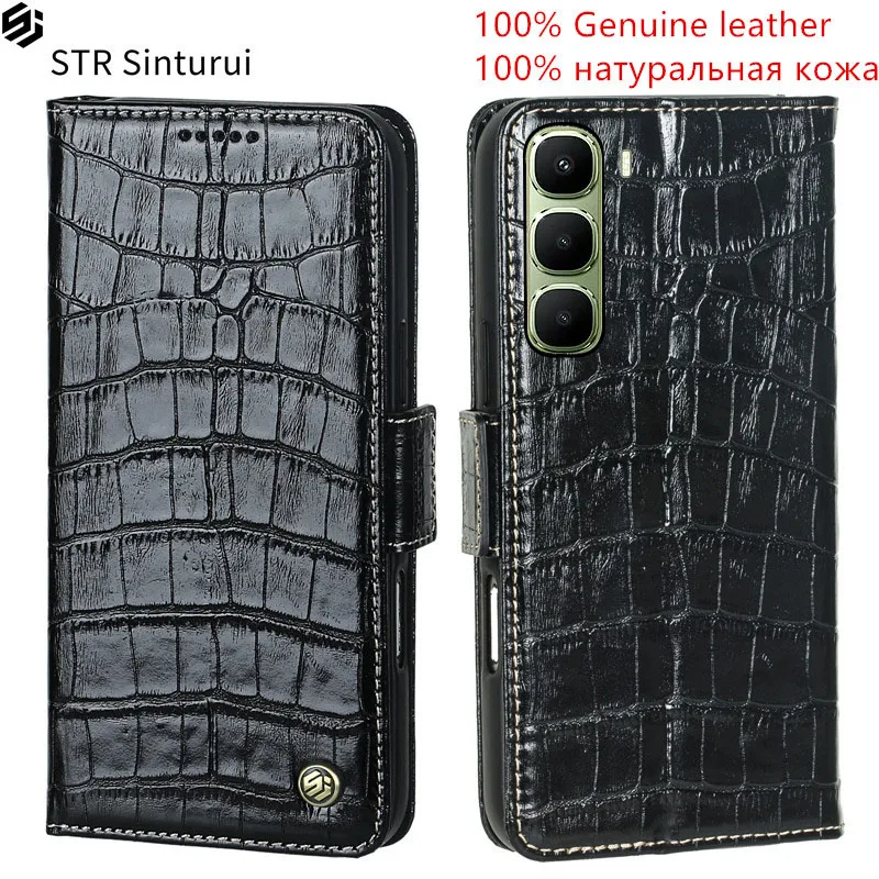 

STR Genuine leather crocodile grain card Slot Wallet Cover For Infinix Hot 60 50 12 Pro Pro+ 40i 4G 5G 30i 20i Flip phone Case