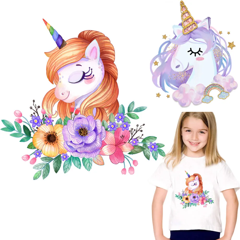 Cute Rainbow Unicorn Patches Animal Patch Iron on Transfer Cartoon Unicorn Stickers for Kids Clothing DIY T-shirt Appliques