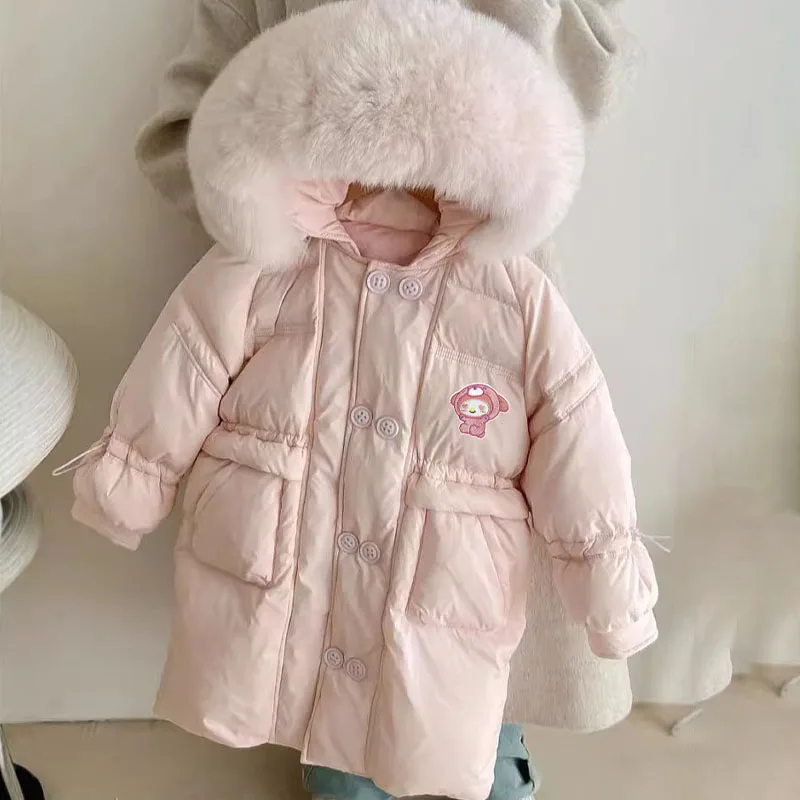 Sanrios Kuromi Cinnamoroll acolchada-Chaqueta de algodón para niña, Parkas gruesas con capucha de piel de Hello Kittys, abrigo cálido para niños, ropa de invierno, traje de nieve