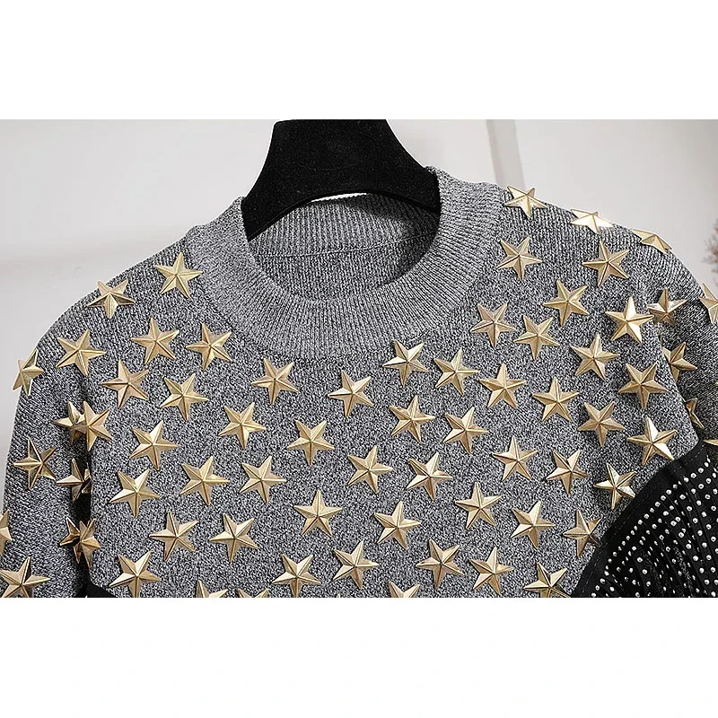 

Fashion Black Gray Knit Outfits Female Chain Chain Long Sleeve Sweater Long Pants Tracksuits 2pc Female Loose Casual Knitted Set