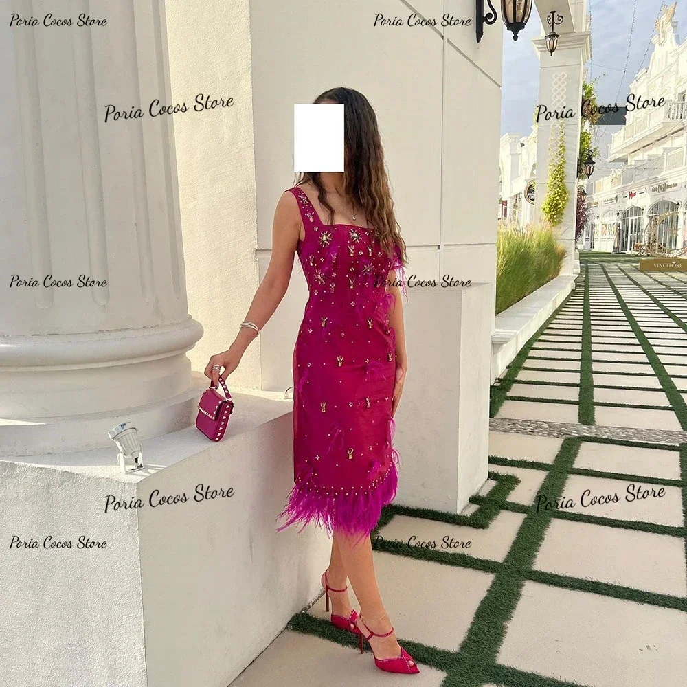 Customized Party Dress Spaghetti Strap Square Neck Sheath Feathers Prom Gown Sexy Backless High Quality Evening Gowns for Women image 2