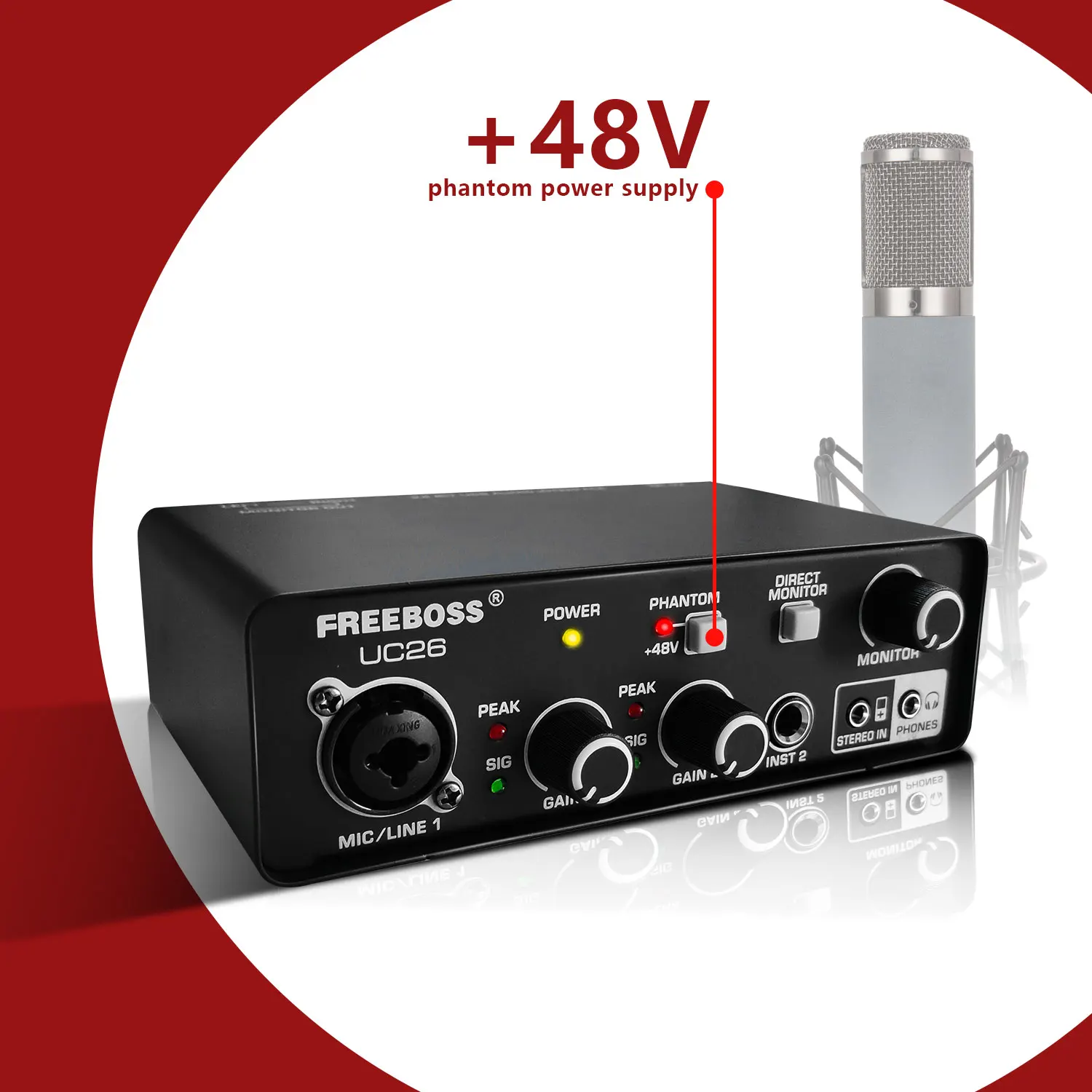 FREEBOSS External Usb Sound Card XLR Input DIR Monitor PC Recording Audio Interface Podcast ASIO4ALL for Studio Guitar UC26