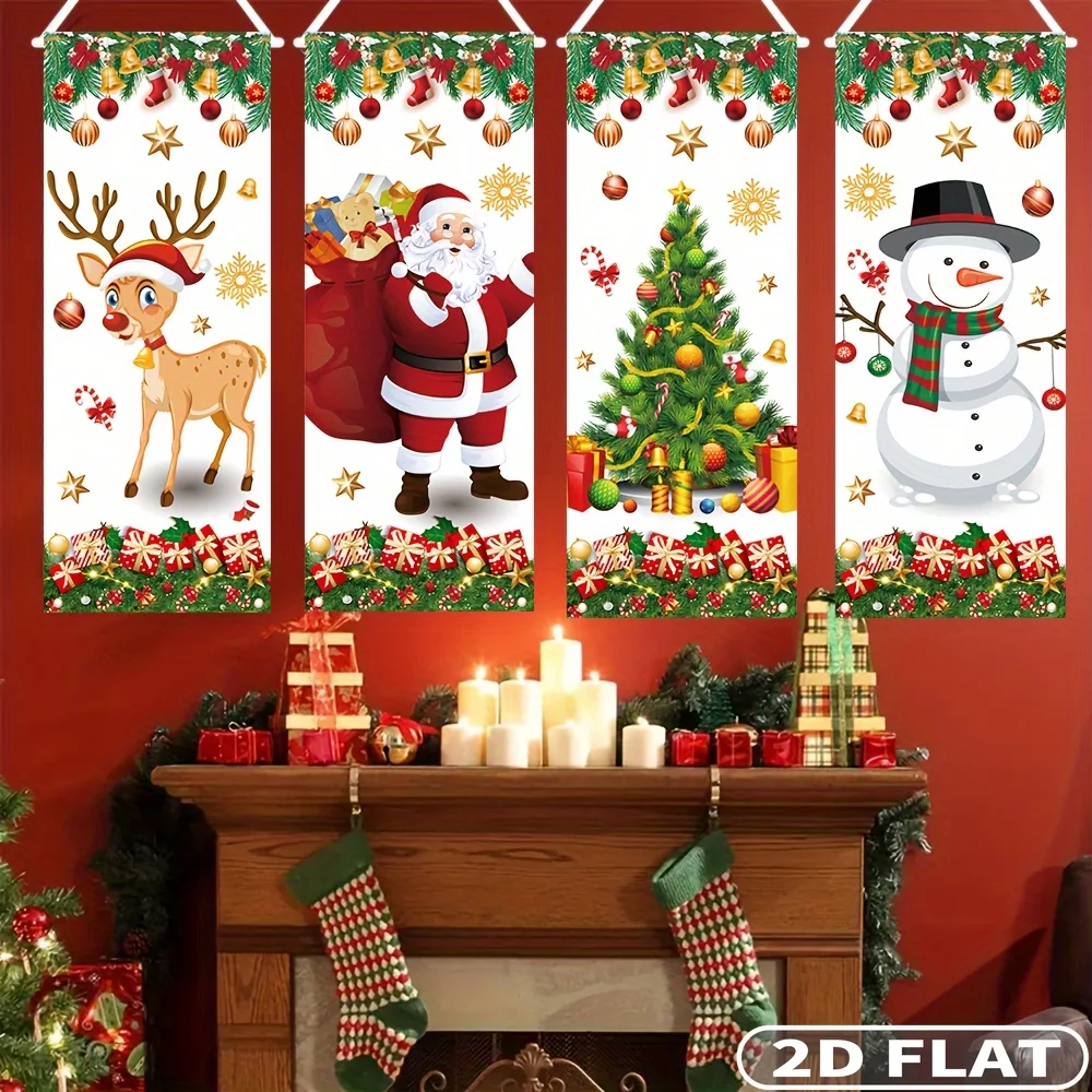 2D FLAT Christmas Banners Party Supplies- 4pcs A Set Party Pack, Elk, Santa Clause, Christmas Tree And Snowman Design, Holiday