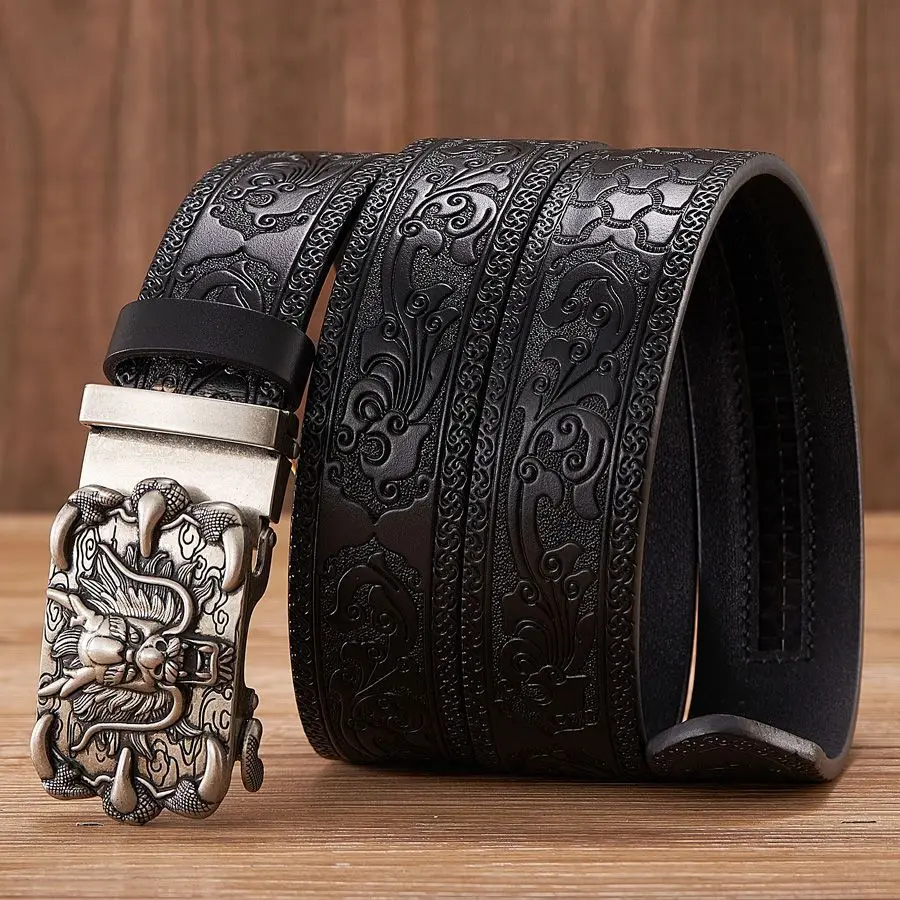 

2024 New retro delicate light luxury design carved Tang grass pattern faucet men's belt automatic buckle belt casual personality