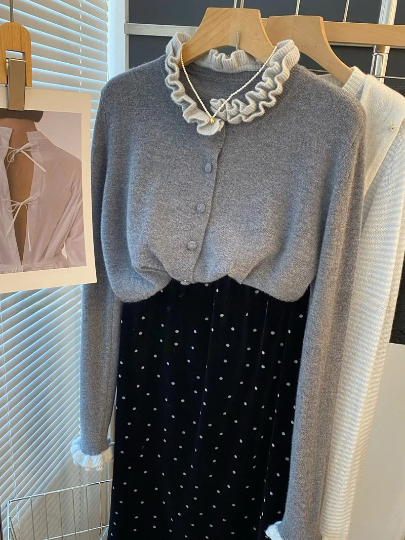 

Loose Long Sve round Ne Knitted Cardigan Women's Sweater Base irt Trendy Spring Autumn New Arrival Korean Sle