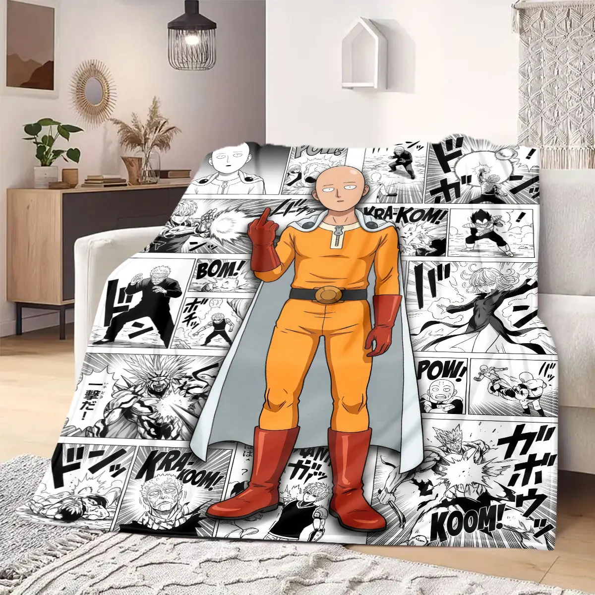 One Punch Man Lovely Cartoon Flannel Blanket, Print Decoration for Bedroom, Soft for Sofa and Bed, Travel Nap Wrap_LIAN