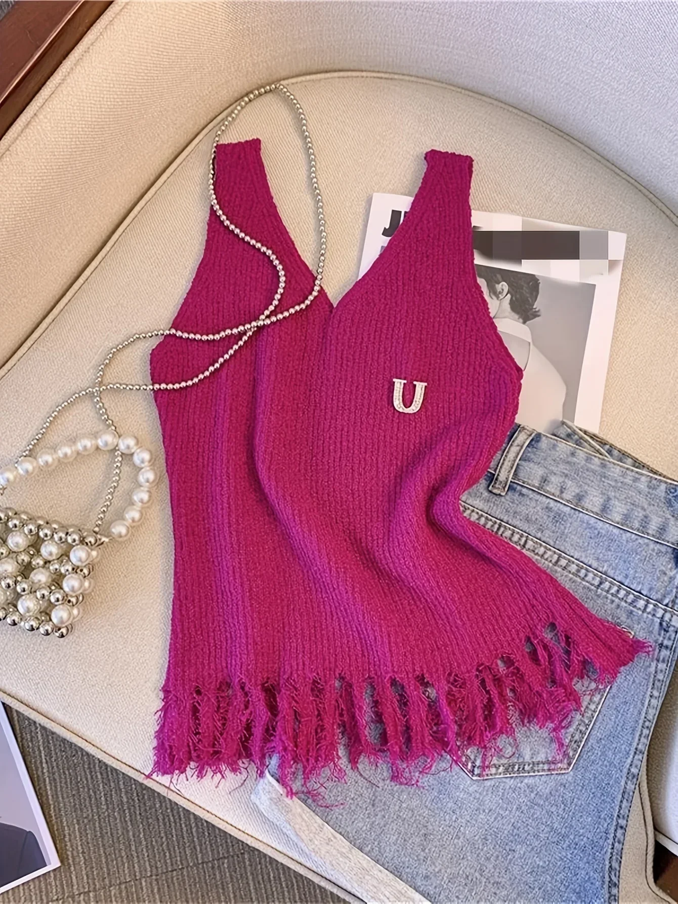 2024 Solid Tassel Hem Tank Top Knit Elastic Casual V Neck Summer Sleeveless Top Women\'s Clothing Crop Top