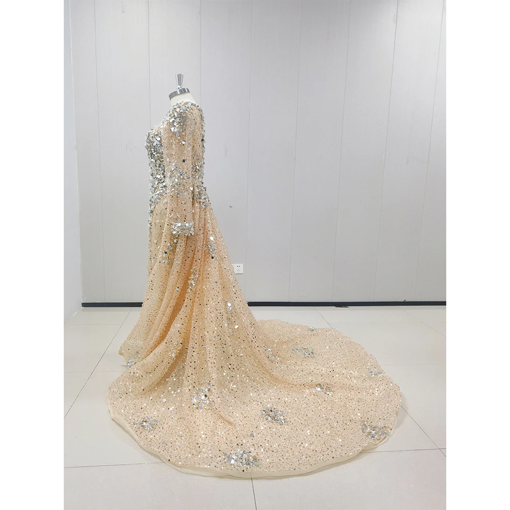 Robe de Soirée de Forme Sirène à Paillettes et Col en V pour Femme, Tenue de Bal Luxueuse Exquise avec Perles et Traîne, Quelle que soit la Mode