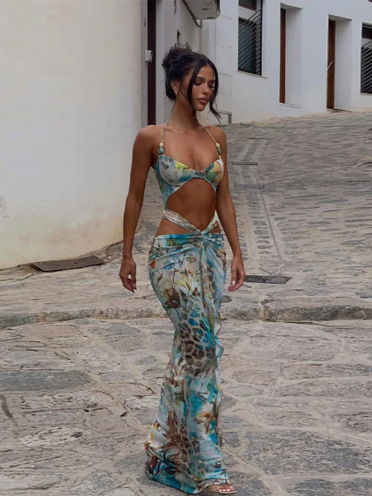 Vintage Green Printed Bikini Ruffles Hem Midi Dress Sexy Cut Out Halter Side Slit Dresses For Women Summer Beach Playwear 2025