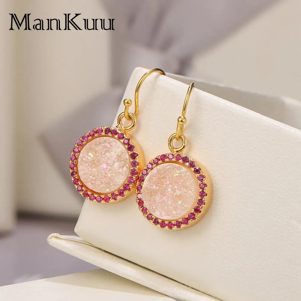 Mankuu Fashion Round Shape Agate Druzy Stud Earrings Nano- Micro-Inlay Process Zircon Earring For Woman 2022