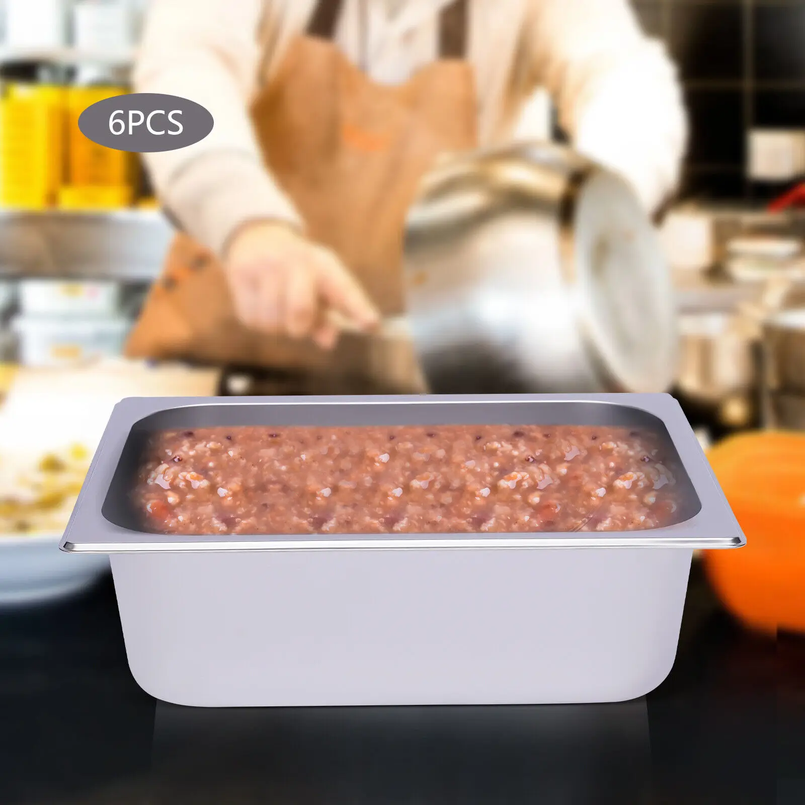 

6-Pack Stainless Steel Steam Table Pans, 2.5L Rectangular, Curved Bottom, Rounded Edges, Electrolytic Finish for Catering