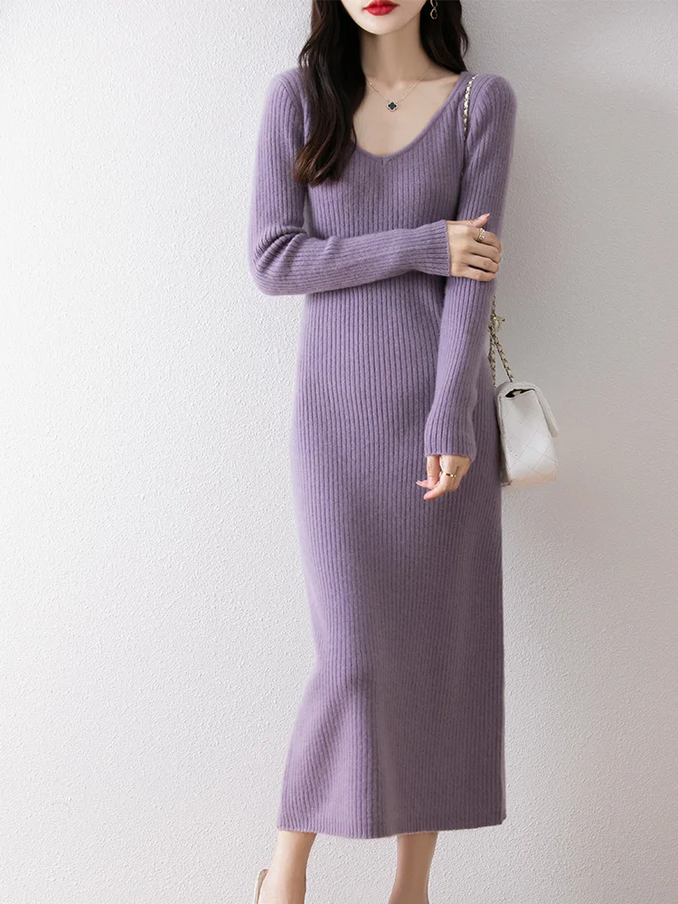 

Choice Luxury Women 100% Merino Wool Sweater Dress Long Pullover V-Collar Autumn Winter Thick Knitted Dress Heavyweight Tops