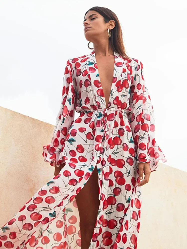 2024 Dameszwemkleding Cover Up Mouw Kaftan Strand Tuniek Jurk Robe De Plage Effen Wit Katoenen Pareo Hoge Kraag Strandkleding