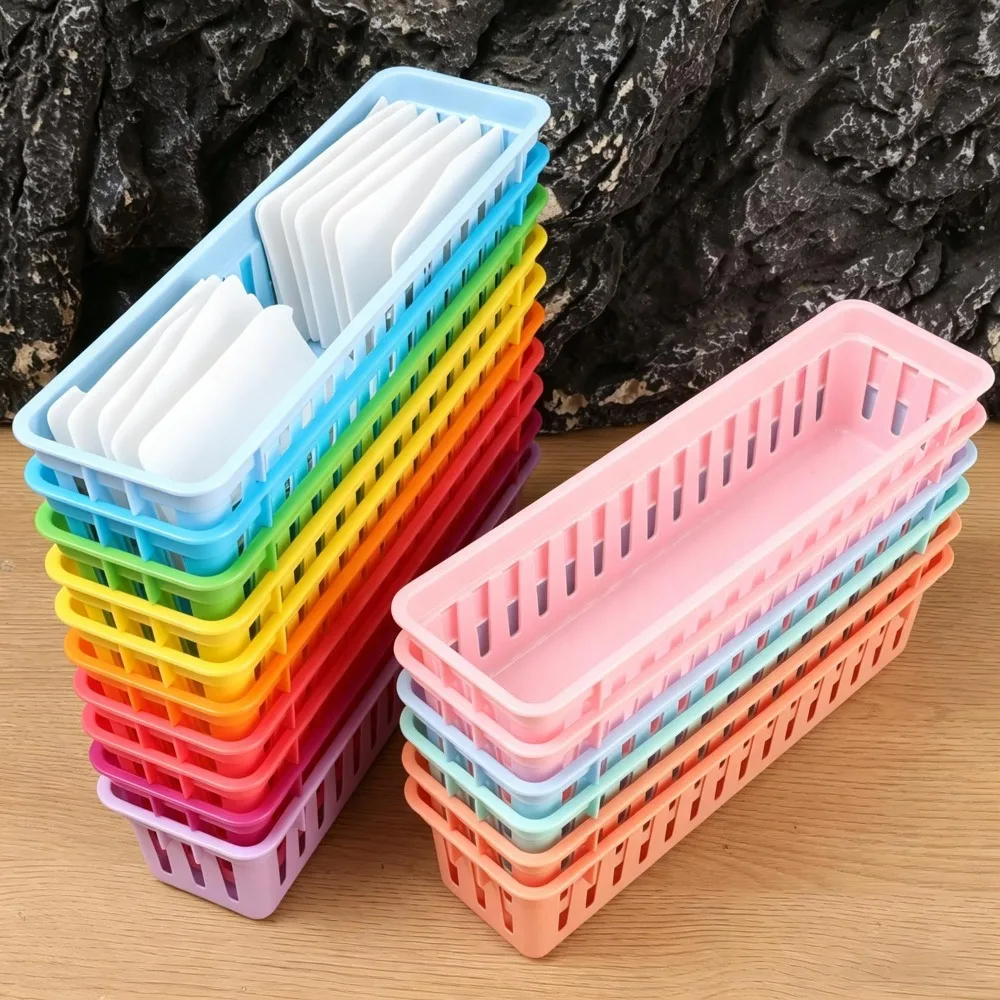 Colorful Plastic Pencil Basket Classroom Organizer Stackable Storage Tray for Pencils Crayons Small Stationery Desk Organization