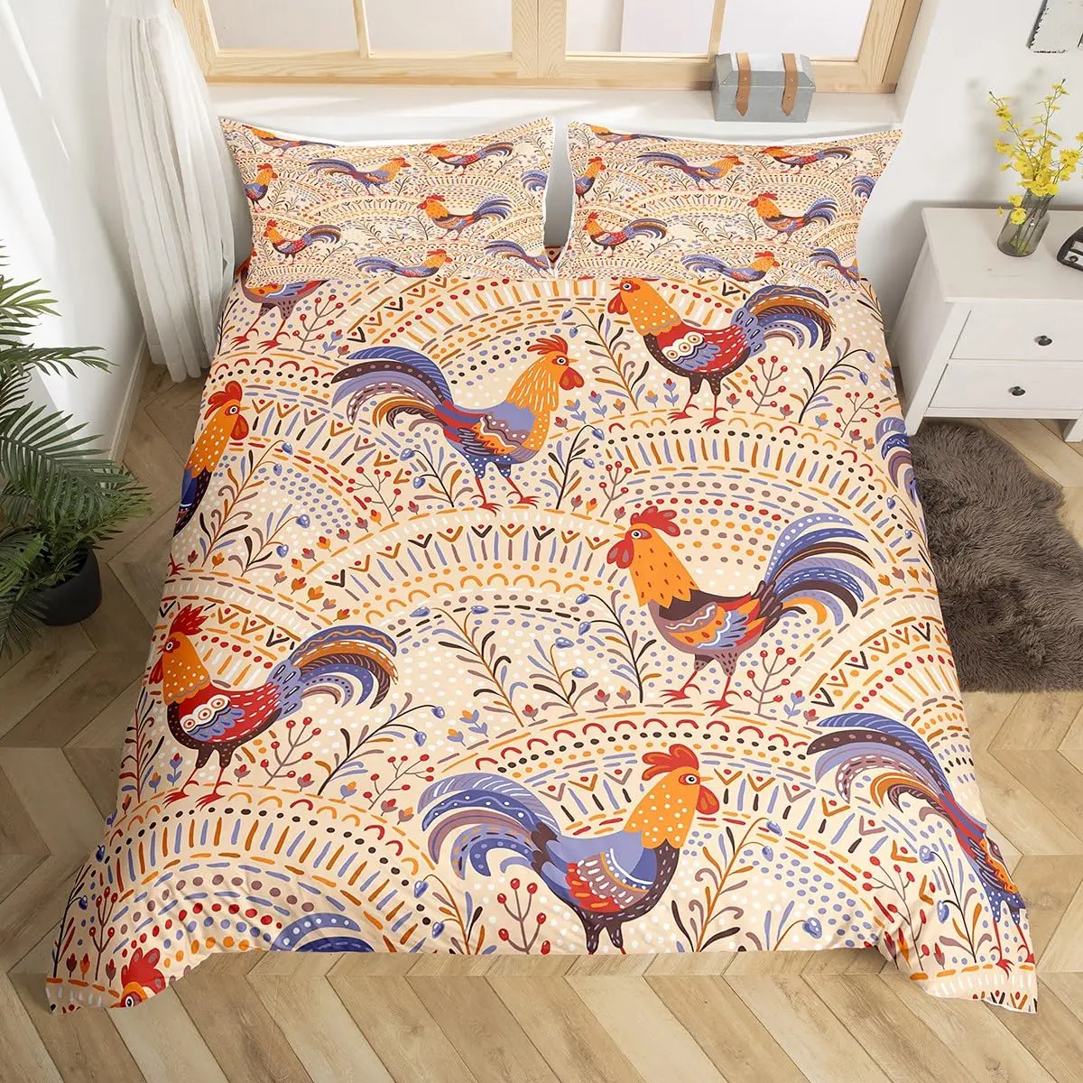 Hen Rooster Print Bedding Duvet Cover Set Cute Chick Comforter Cover Set for Room Decor Full King Size with 2 Pillow Case 3 PCS